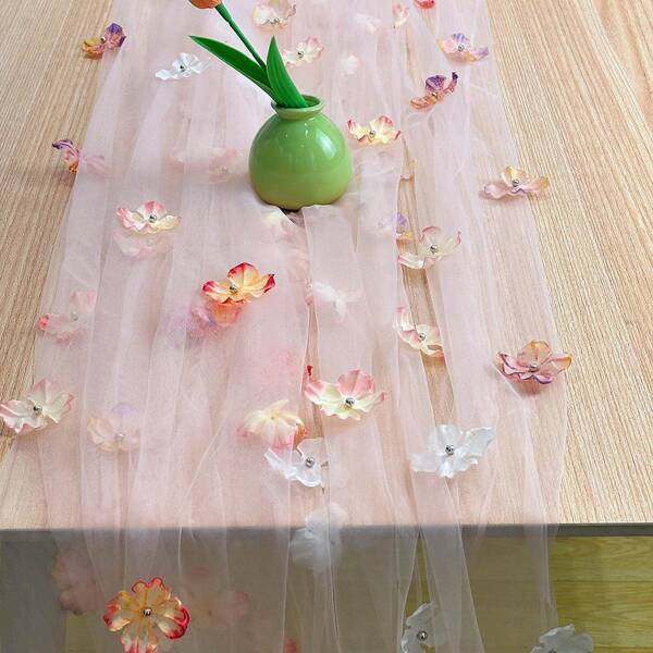 1pc Pleated Table Runner, Semi-Transparent Balinese Crepe Cloth Table Runner, Boho Chic Polyester Table Runner, Suitable For Wedding Table Decor, Bohemian Country Party, Bridal Shower Decoration