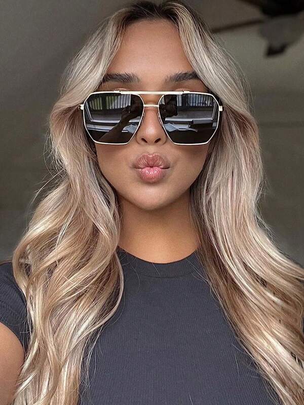 1pc Metal Y2K Futuristic Square Double-Bridge Fashionable Fashion Glasses, Versatile &