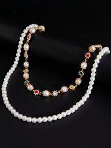 1pc Men's Double Layer Alloy Pants Chain, Faux Pearl & Rhinestone Floral Charm Chain, Suitable For Daily Wear And Parties