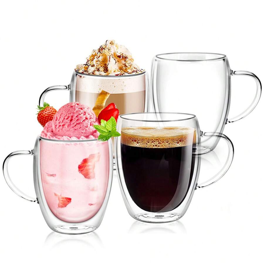 Espresso Cups, Double Wall Glass Coffee Mugs With Handle, Clear Coffee Cups, Cappuccino Lattee Tea Cup, Insulated Glassware For Hot Cold Coffee,4 Pack,12 Oz - Clear - View 1