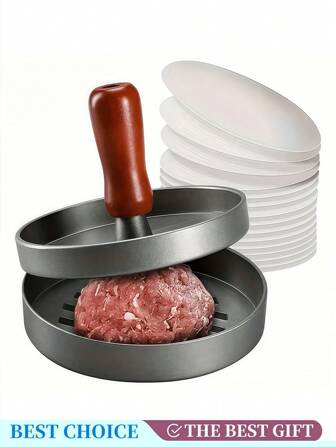 Juego de 3 prensas de hamburguesas antiadherentes premium y papeles de separación de medallones - Fabricante de medallones sin esfuerzo para hamburguesas perfectas de carne, carne, queso y verduras - Ideal para parrilla, plancha, barbacoa y cocción a la barbacoa, antiadherente, accesorios de parrilla BBQ Herramienta de cocina para asar a la parrilla, con 100 papeles para medallones
