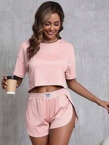 2 Stücke Damen Sommer Lässig Kurzarm Top & Shorts Set, Rundhals Pullover Top & Shorts mit hohem Schlitz für einen sexy Look, Frühlings-/Sommer-Loungewear Set