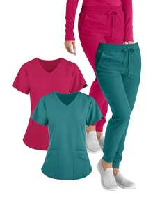 (Four-Piece Set) Scrubs Uniform Women's Running Matte Elastic Sports Nurse  Uniform Wash Clothes Work Clothes Breathable Scrub Shirt - 綠色 - 查看 1