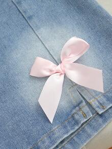 2 pezzi/set Shorts in denim con fiocco, manica corta, dolci e carini, comodi, con spacchi laterali, per l'estate