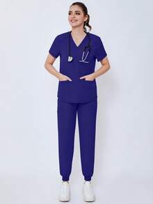 (Four-Piece Set) Scrubs Uniform Women's Running Matte Elastic Sports Nurse  Uniform Wash Clothes Work Clothes Breathable Scrub Shirt - 寶藍色 - 查看 9
