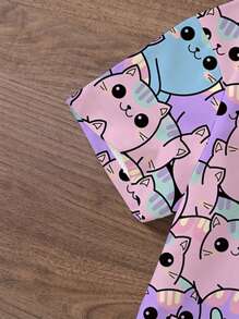 Camiseta de manga corta con cuello redondo y estampado de gato para niñas, top casual para niña joven