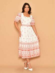 Helena Crepe Printed Midi Dress With Short Sleeves - Red - View 1