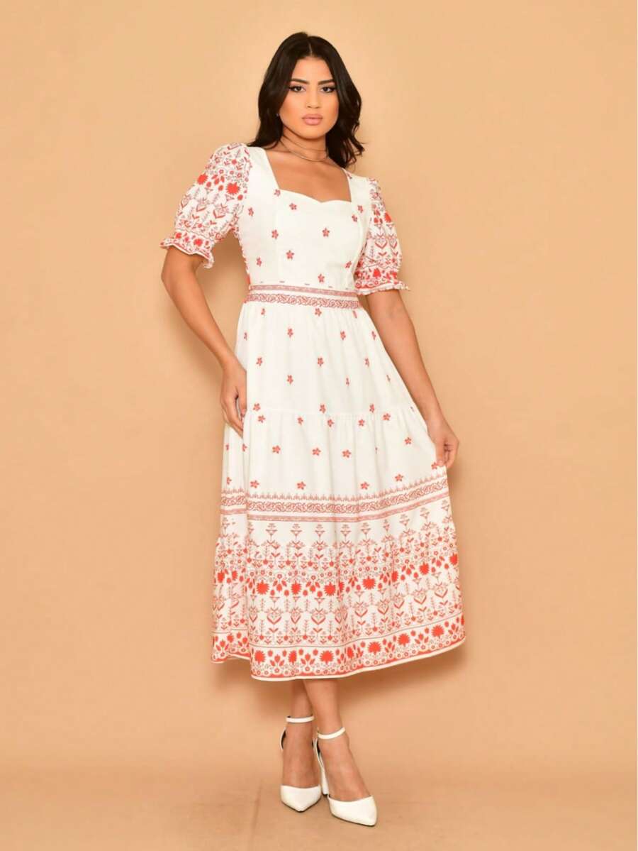 Helena Crepe Printed Midi Dress With Short Sleeves - Red - View 1