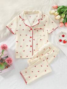 2 piezas Conjunto de ropa de dormir para niña preadolescente: Camiseta de manga corta con estampado de cerezas y pantalón largo, para verano