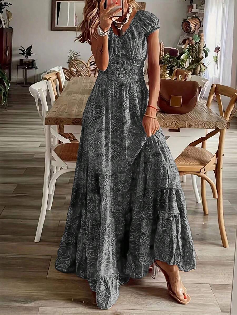 Women's Elegant V Neck Knitted Maxi Dress With Short Sleeves Shirred Ruffle Details Flared A Line Long Boho Dress