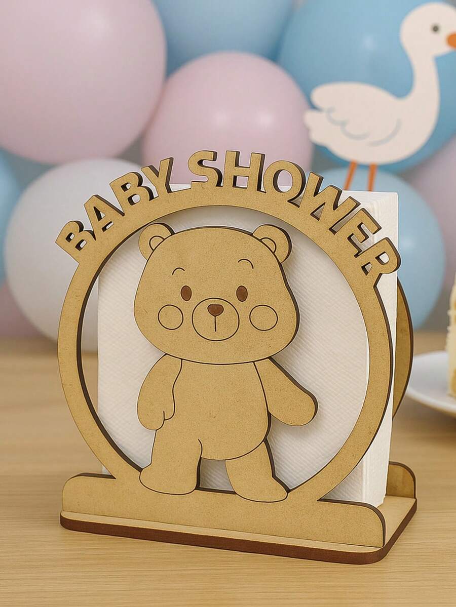 Servilletero Baby Shower con osito en Madera MDF – Decoración Tierna para Fiestas de Bebé y Mesas Temáticas Gender Reveal Shower - Café integral - Ver 1