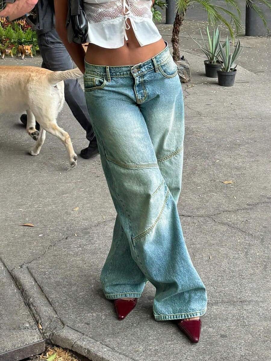 Women's Simple, Casual And Personalized Design Knee-Breaking Mid-Waist Straight-Leg Jeans With Pockets