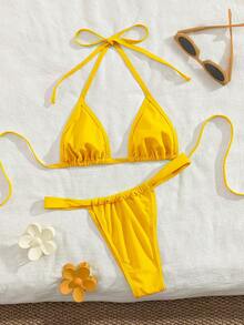 Bộ bikini hai mảnh tam giác siêu nhỏ màu trơn mới, kiểu dáng thanh lịch, buộc dây cổ, thích hợp cho mùa hè đi biển và nghỉ mát của phụ nữ. - Màu vàng - Xem 2