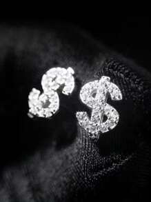2pcs Cubic Zirconia & Copper Dollar Sign Stud Earrings, Simple Hip Hop Style For Men, Suitable For Daily Wear