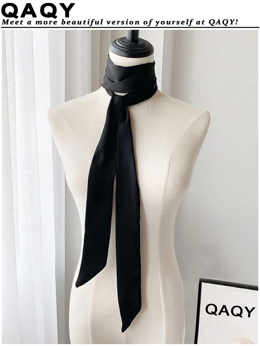 1pc Minimalist Solid Color Silk-Like Scarf, Headband, Waistband, Neckband - Versatile, Narrow Long Strip, Suitable For Daily, Commute, Ball, Banquet, Gift, Performance, Party, Fashionable, High-End, Versatile, Office Attire Decor Accessory For Dress - Black - View 1