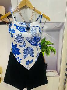 One Size Shirt Set With Tie At The Back And Print, Shorts With Zipper And No Pocket - Blue and White - View 3
