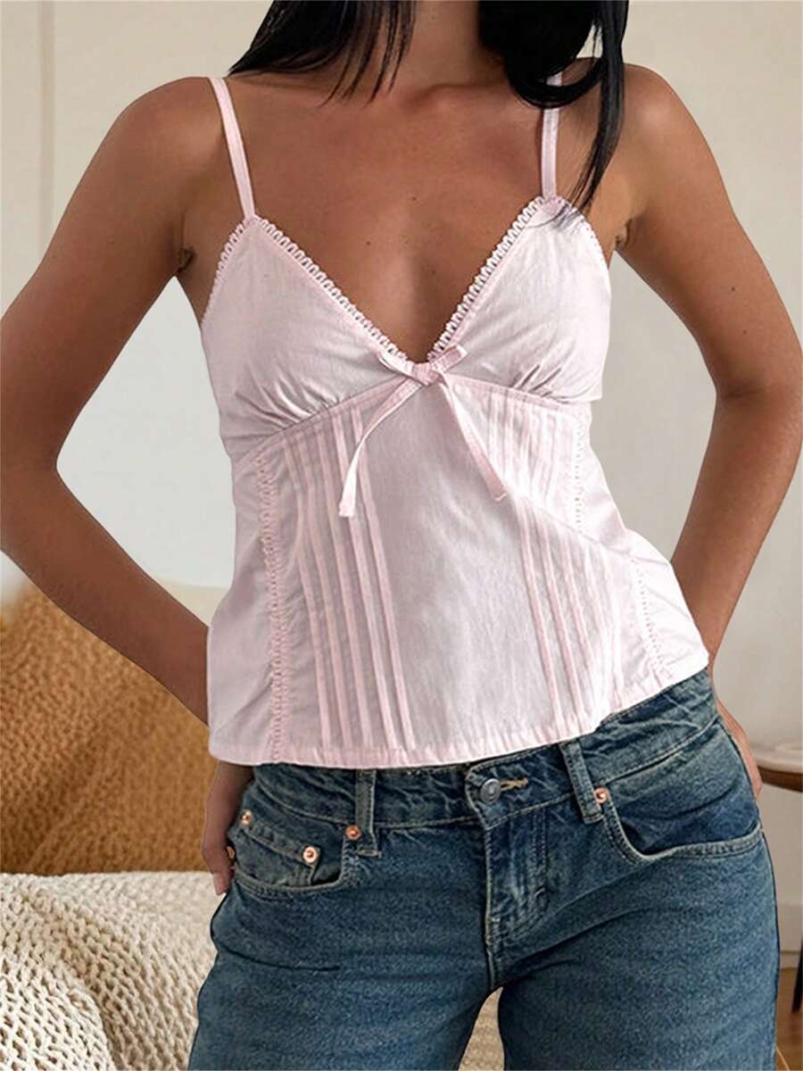 Women Lace Y2k Babydoll Cami Top Ruffle V Neck Spaghetti Strap Peplum Tank Tops Going Out Streetwear - 粉色 - 查看 1