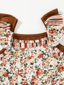 3pcs/Set Young Girls Cute Square Collar Sleeveless Casual Jumpsuit Dress - 咖啡棕 - 查看 3