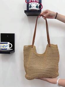 New Hollow Handbag Ladies Large Capacity Straw Handbag Shoulder Bag Retro Travel Beach Bag Shopping Bag Beach Bag Summer Vacation Beach Bag - Khaki - View 10