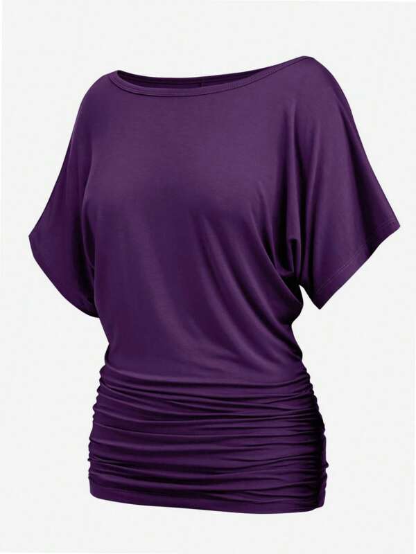 QUEENTI Women's Casual Short Sleeve Dolman Top Boat Neck T Shirt