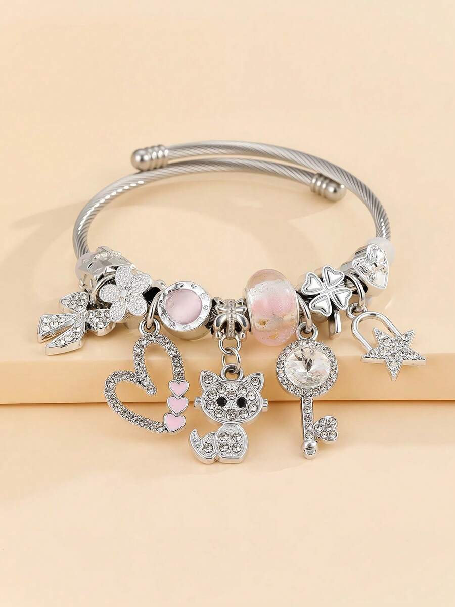 Versatile New Heart Bow Kitten Design Bracelet For Girl, Fashion Personalized Wrist Accessory - one-size - View 1