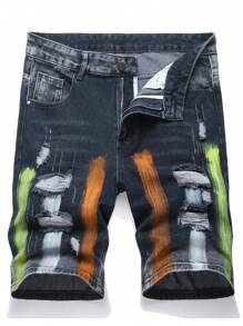 Pantalones cortos de mezclilla rectos con efecto desgastado y estampado de salpicadura de pintura para hombres de moda