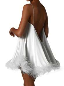 Women Satin Fringe Mini Dresses Faux Feather Trim Prom Party Dress Glitter Rhinestone Chian Spaghetti Straps Deep V-Neck Backless Loose Tunic Cami Dress Vacation Beachwear Party Clubwear Night Going Out Dress - 白色 - 查看 4