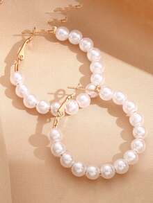 1 Pair Elegant Round Pearl Hoop Earrings, Summer Pearl C-Shape Dangle Earrings, In Stock - Multicolor - View 2