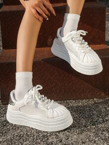 Modische Damen Prep-School-Stil Sport Faux-Perlen Schnürsneaker im Lässig-Look, für den Outdoor-Bereich - Silber - Übersicht 2