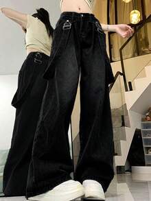 Detachable Strap High Waist Loose Wide Leg Jeans, Retro & Niche, Slimming Design