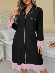 Women Lapel Neck Long Sleeve Single-Breasted Contrast Color Midi Nightgown