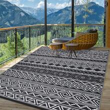 Outdoor Rug Bohemian Style Outdoor Rug Double-Sided Reversible Plastic Straw Rug Easy To Clean For Balcony Beach Deck Patio Picnic RV Camping - Black and White - View 2