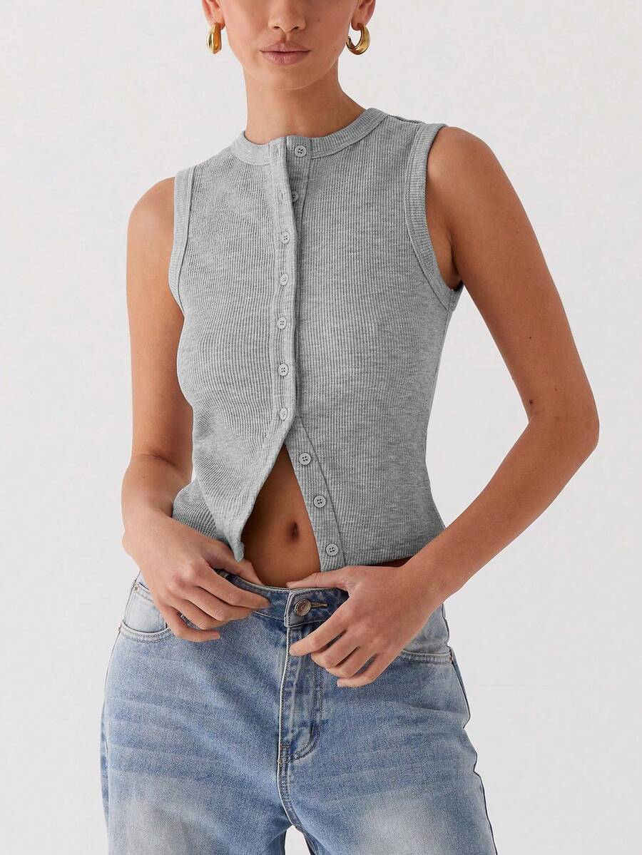European & American Style Women's Summer New Arrival Simple Fashion Fitted Button Front Casual Tank Top - Grey - View 1