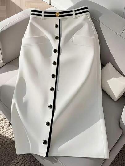 Women's Front Button A-Line Midi Skirt With Unique Design, Flattering