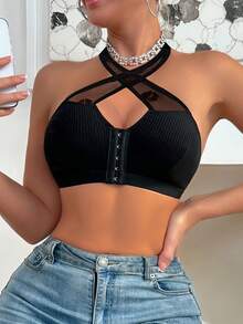 1pc Women's Solid Color Cross-Front Halter Bra, Comfortable Underwear - Black - View 5