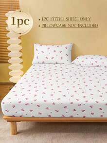 1pc White & Pink Bow Pattern Fitted Sheet, Mattress Protector, Valentine's Heart Mattress Cover, Soft & Breathable Bedsheet, Fits Twin, Full, Queen, King Size Beds, Deep Pocket Design, Home Textile, Suitable For Dorm Beds - White - View 2