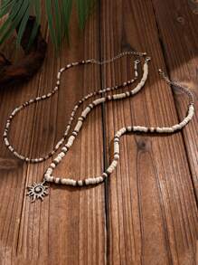 2pcs/Set Men's Summer Coconut Wooden Bead Niche Versatile Hip-Hop Personalized Double Pendant Necklace