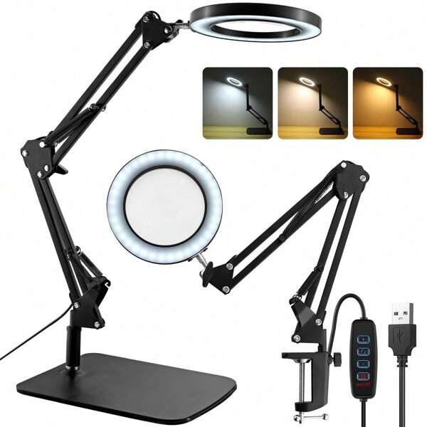2-in-1 8-fache Lupe mit Lampe, LED-Lupenlampe mit 3 Farbmodi, 10 Helligkeitsstufen, dimmbar, Lupenlicht mit großem Fuß/Klemme, Lupen-Tischlampe für Hobby, Basteln, Lesen, Nähen, Schnitzen