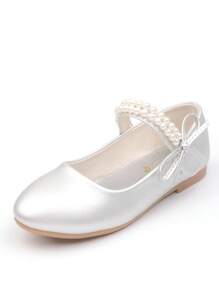 CAIWENNIAO Girls Children Pearl Shoes Soft Sole Princess Shoes Piano Recital Silver Dress Shoes (New Model)