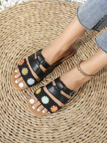 Sandalias de estilo bohemio de piel de poliuretano bordadas para playa, hogar y oficina
