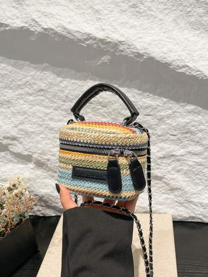 1 件迷你女士斜挎包，时尚纯色刺绣菱形图案，适合放卡片和钥匙