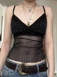 Y2K Women's Summer Sexy Cute Backless Sheer Mesh V-Neck Camisole Tank Tops