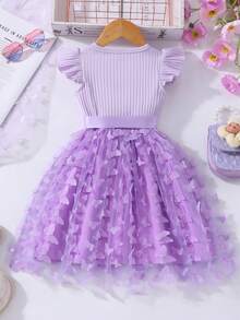 Young Girl Ribbed Cap Sleeve Butterfly Mesh Elegant Summer Dress With Belt - Purple - View 2