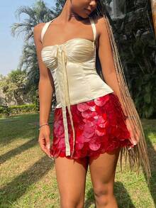 Women Y2K Sparkle Sequin Mini Skirt Glitter Low Waist Tie-Up Pencil Skirt Sexy Festival Rave Short Skirts Clubwear - 紅色 - 查看 1