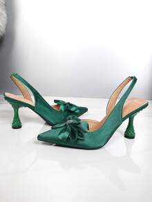 时尚高跟鞋，带水钻花朵尖头细高跟鞋，舒适夏季穿着，百搭蝴蝶结水钻装饰派对优雅女式浅口鞋