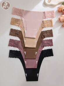 5pcs/Pack Women's Lace Patchwork Breathable Seamless Bikini Panties, Sexy & Comfortable