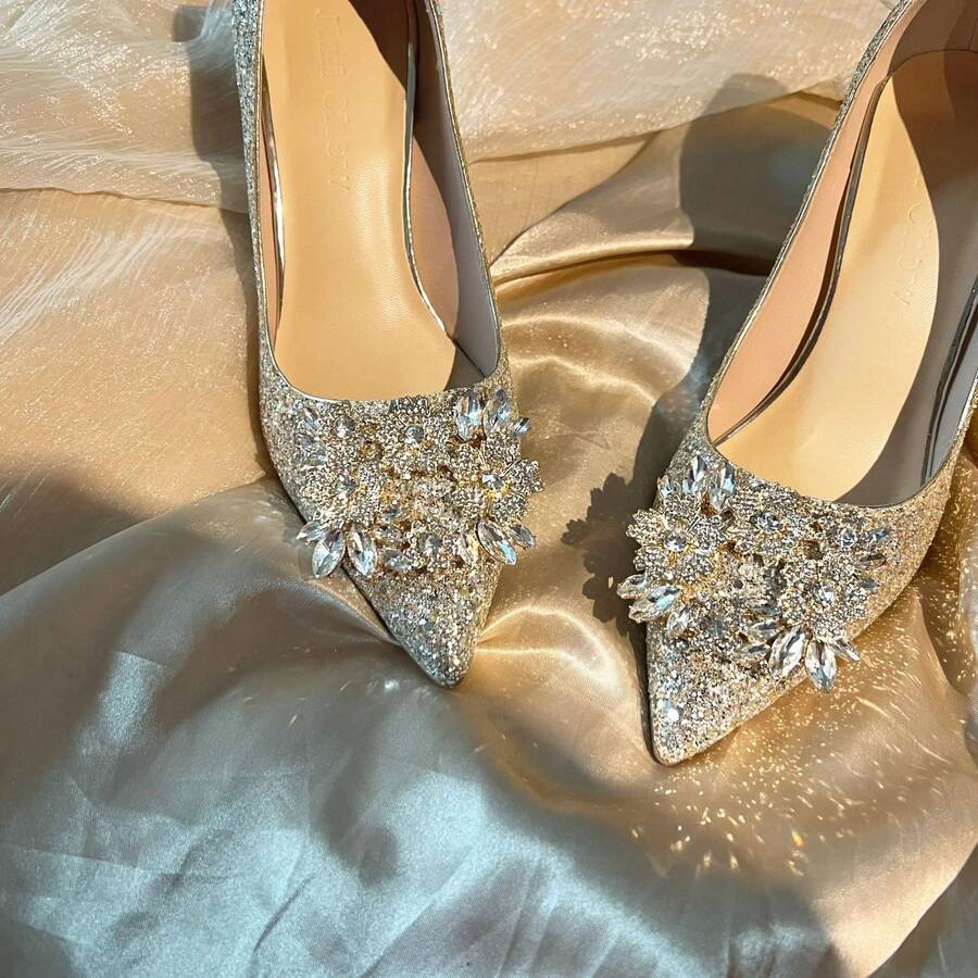 2025 New Bridal Shoes For Women Champagne High Heels Wedding Shoes Xiuhe Wedding Dress Two-Way Crystal Shoes