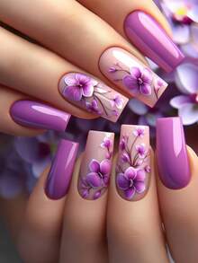 Spring/Summer New Flower Pattern Nail Stickers, Glitter Multicolor Mix Match Nail Stickers, Removable Manicure, Medium/Long Square Fake Nails, Simple Floral Pattern Manicure, Pink And Blue Nail Stickers, Flower Design Nail Art Press On Nails Nail Supplies Nails