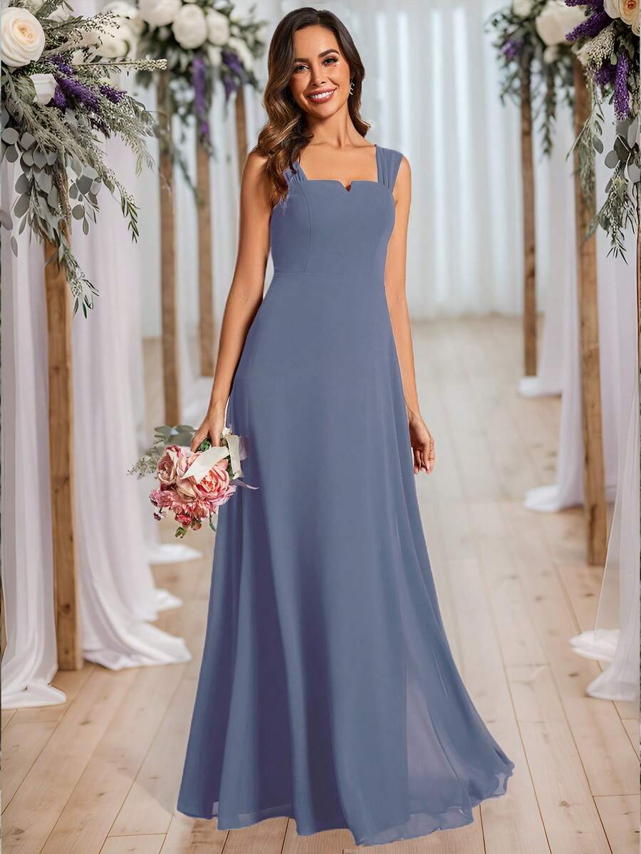 EVERPRETTY Chiffon V Neck Backless Bridesmaid Dress - Dusty Blue - View 1