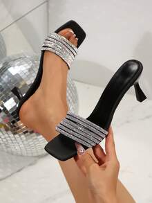 Women's Faux Leather Strap Slip-On Sandals, New Summer Fashion Thick Heeled Korean Style High Heel Outdoor Slippers, Black, Suitable For Street, Party, Commute, Business